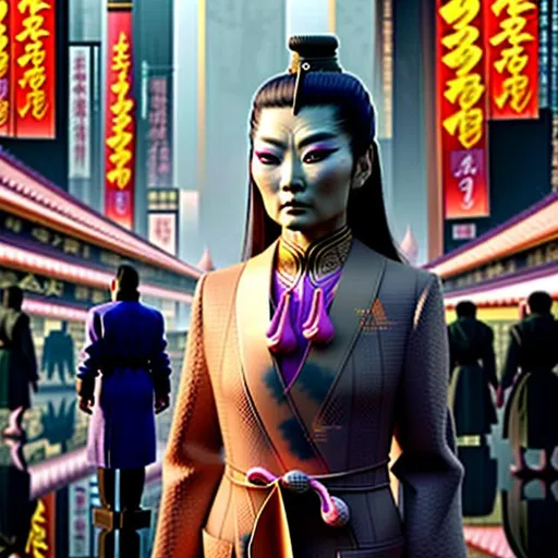 Prompt: A captivating image emerges - an Asian woman donning a unique fusion of Eastern and Western attire. Her necktie adds a touch of formality, while her overcoat robe makes her outfit look like a business suit. She radiates strength, resembling a modern-day terra cotta warrior. The scene is set amidst the backdrop of futuristic Chinese buildings, evoking a realistic and picturesque landscape. The photograph captures the essence of this intriguing blend, inviting viewers to delve deeper into the fusion of cultures.