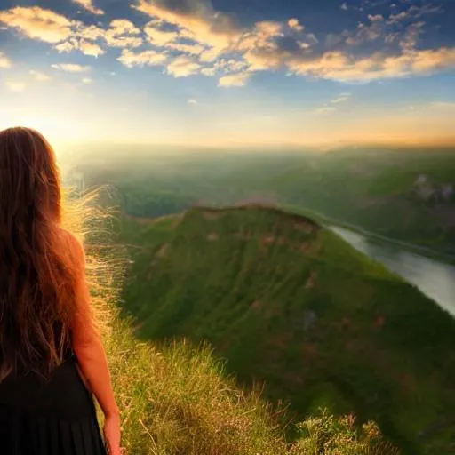 Prompt: A stunningly beautiful woman standing on a cliff, overlooking a vast valley below, with a serene and contemplative expression, her hair blowing gently in the wind, and the sun setting behind her, creating a warm and peaceful atmosphere, Digital art, using soft and delicate brush strokes, --ar 16:9 --v 5