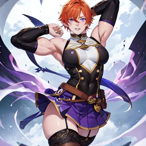 Prompt: Erikku male (short ginger hair, freckles, right eye blue left eye purple) muscular, UHD, 8K, Highly detailed, insane detail, best quality, high quality. wearing a skirt, wearing thigh highs