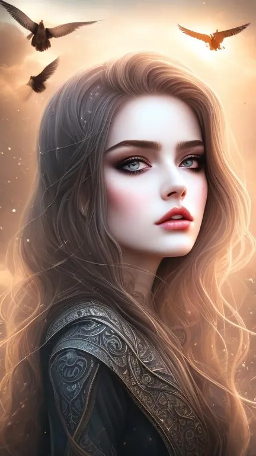 Prompt: a beautiful girl. standing in an apocalyptic world. crows roaming all around. fine detailed face. cute beautiful symmetrically accurate face. perfect body. wearing a dress with deep visible cleavage. hyperrealistic. 24K. smoke effects. soft colors. hyperrealistic brown hair. hyperrealistic amber eyes, beautiful eyes. fantasy. feminine body