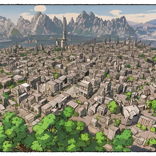 Prompt: Comic style - 
A wide shot of L'Axin, the capital city.