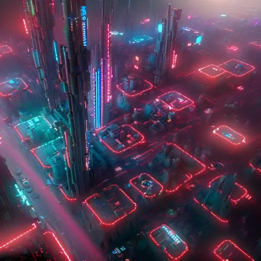 Prompt: motherboard that looks like a cyberpunk city model, top perspective view