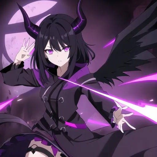 Prompt: A female, black hair, with purple tint, pitch black pupil's, wearing a purple robe, with a skirt showing in the back, with black goat horns, with devil wings that are black and purple.