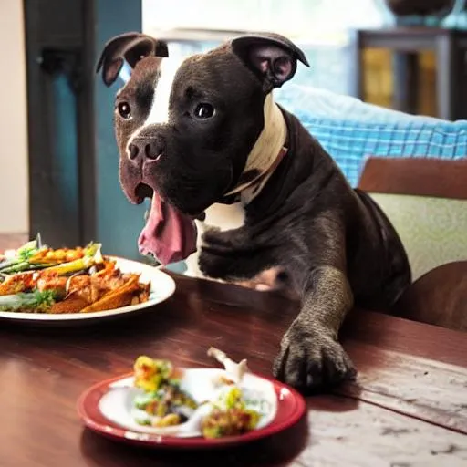 Prompt: Staffordshire bull terrier sat at the table eating dinner like a human