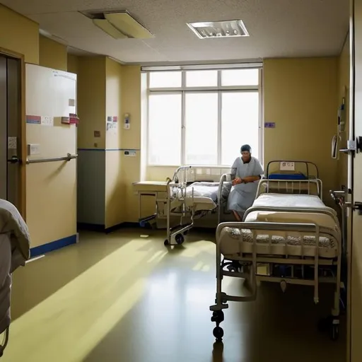 Prompt: an out of focus picture in a hospital ward which has light brown walls. hospital bed is visible. patients legs are visible. the perspective is the of patient who is sitting up on the bed. the door to his room is locked from the outside. there is  a plate of food somewhere in the room. it is a wide perspective shot.