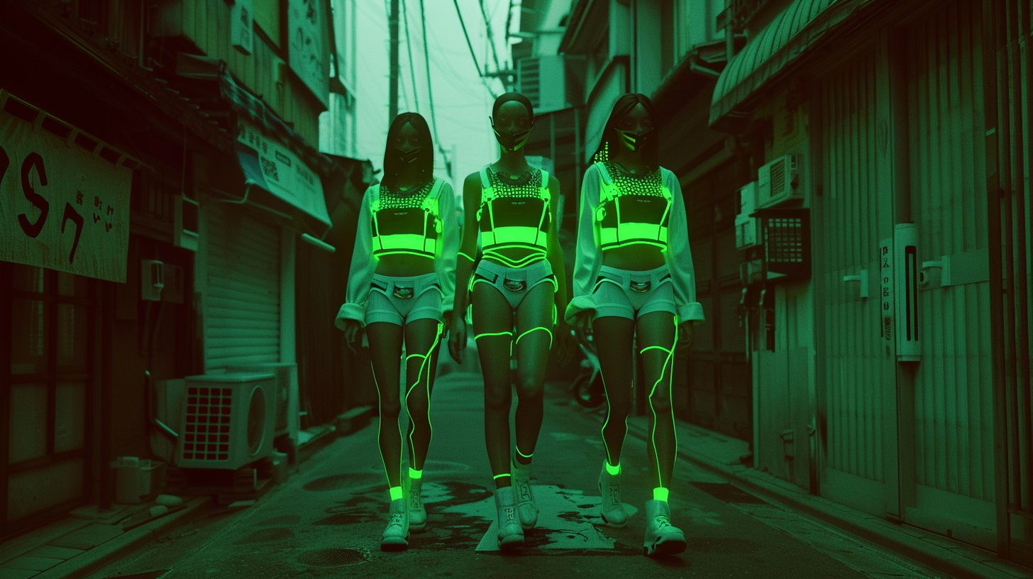 Prompt: three people wearing futuristic clothing walking down a city street, in the style of light yellow and emerald, miki asai, oversized objects, vray, cryptopunk, japanese minimalism, silver and green