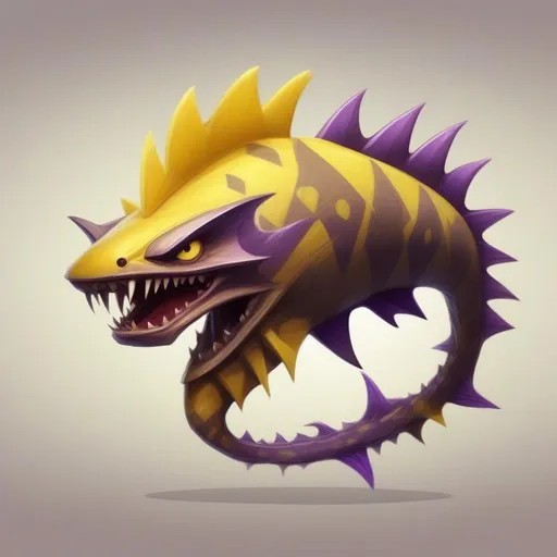 Prompt: Sea Monster, yellow and pale yellow with purple and dark brown diamond markings, dark brown spikes tail fins and head fins, emanates electricity, masterpiece, best quality, in cartoon style
