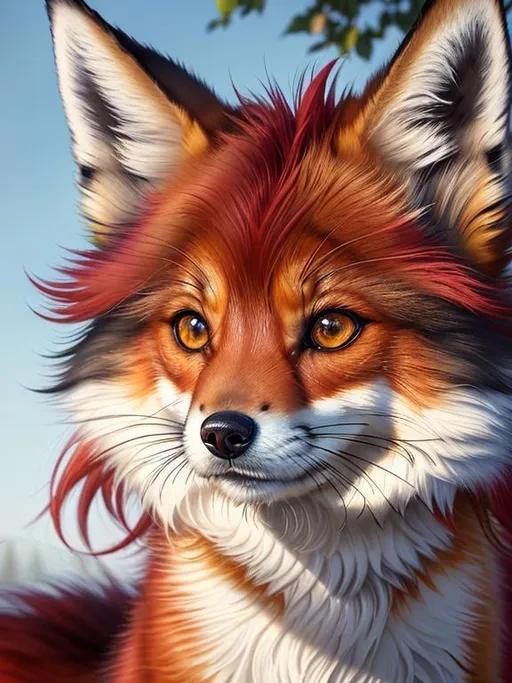 Prompt: make tail white fluffy 3d realistic, (8k, masterpiece, oil painting, professional, UHD character, UHD background) Portrait of Vixey, Fox and Hound, close up, mid close up, brilliant glistening red fur, brilliant amber eyes, big sharp 8k eyes, sweetly peacefully smiling, detailed smiling face, extremely beautiful, alert, curious, surprised, cute fangs, enchanted garden, vibrant flowers, vivid colors, lively colors, vibrant, high saturation colors, open mouth, uv face, uwu face, flower wreath, detailed smiling face, highly detailed fur, highly detailed eyes, highly detailed defined face, highly detailed defined furry legs, highly detailed background, full body focus, UHD, HDR, highly detailed, golden ratio, perfect composition, symmetric, 64k, Kentaro Miura, Yuino Chiri, intricate detail, intricately detailed face, intricate facial detail, highly detailed fur, intricately detailed mouth