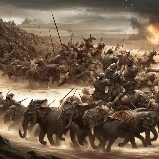 Prompt: Epic war with many bows and arrows elephants strong soldiers chariots angry dust fire