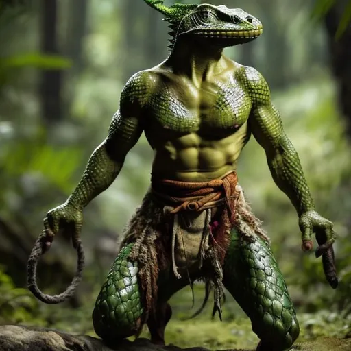 Prompt: a green muscular reptile and lizard breed with scales and leather straps and a loincloth on the waist of the body standing in a forest tribe.