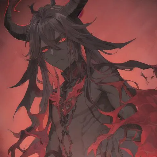 Prompt: A calm dark evil powerful god devil goat young man with red goat like eyes, record of ragnarok