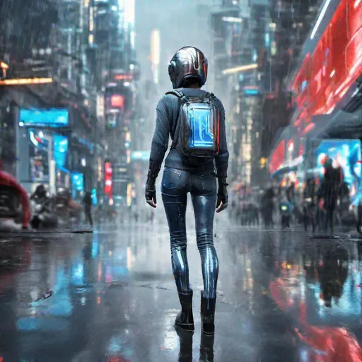 Prompt: generate an image of a full body cybernetic futuristic svelte woman from 2250 ((full shot)), walking in the wet street, wearing a bluish grey shiny tight jeans and sweater and thin black boots, a big backpack, a futuristic big cross helmet with metallic visor, intricate blue and red billboards in the background, maximalist, reflection, blue hue, cyberpunk setting, UHD, photorealistic, super resolution, dynamic lighting, a masterpiece, by jeremy mann, a breathtaking artwork by Brian Froud, Ferez, Arthur Rackham, Beeple, Epic scale, highly detailed, clear environment, triadic colors cinematic light 16k resolution, trending on artstation, hyperdetailed, hyperrealism, cinematic, filmic; epic in scope and scale, Poster art. night, red and blue billboards and buidings in the background and sides, pay attention to proportions and colors, 
