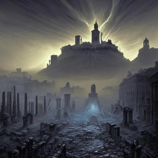 Prompt: it's Rome but in a Lovecraft story. Seen by the sky.
Black Myst envelope the city and the light project the shadow of undefinied creatures on the fog.
Evil is in town.
Look like a Lee Bermejo style but colored by Disney artist