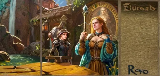 Prompt: Very beatiful princess girl, emerald green eyes, art of French Renaissance artists, full hd, cyberpunk but 1970s view, nature and flowers, a flowing waterfall in the background, a 100-storey ancient walnut tree, a tavern from the Witcher universe,