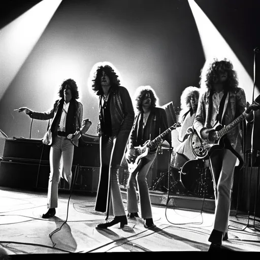 Prompt: A portrait of the band Led Zeppelin in concert from 1973

