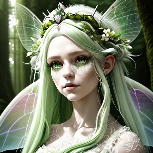 Prompt: Portrait of a faerie with long straight green and white hair and with cute face, forest vibes, wearing a gemstone crown and white dress, detailed, perfect composition, hyperrealistic, super detailed, 8k, high quality, trending art, trending on artstation, sharp focus, studio photo, intricate details, highly detailed, by greg rutkowski, ((wings)), green beautifull eyes, long eyelashes, elf ears,
