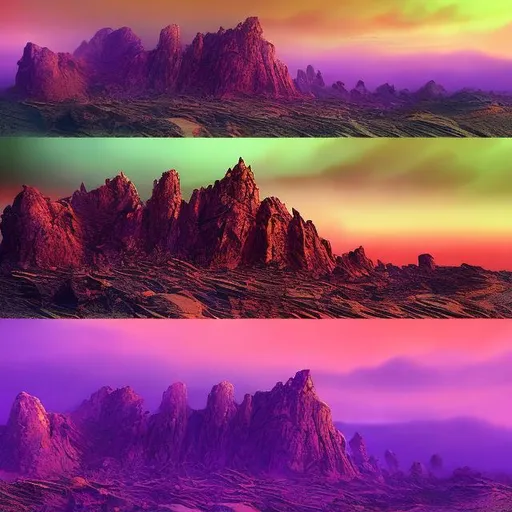 Prompt: concept art, thick red sandstorm grain filter, "Warlocks and Warriors" Sprague de Camp style, purple desert, jagged purple rock crags, red sky, sun hidden by sand