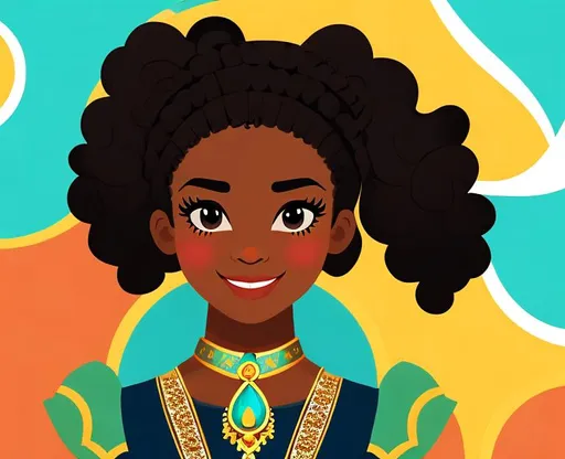 Prompt: character profile sheet of a dark skinned freckled young woman with curly white hair pulled back in a ponytail and dark blue eyes, wearing ornate aqua byzantine dress with silver embellishments