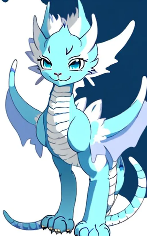 Prompt: A pale blue dragon with a white-blue underbelly and has a shoulder scar. She has Whiskers and cat ears and a cat tail but a dragon body. She has Blue eyes and fur. Her cat tail tip is White-blue. Has no spicks.  And her wings are White-blue. Is not a human in ANYWAY  
