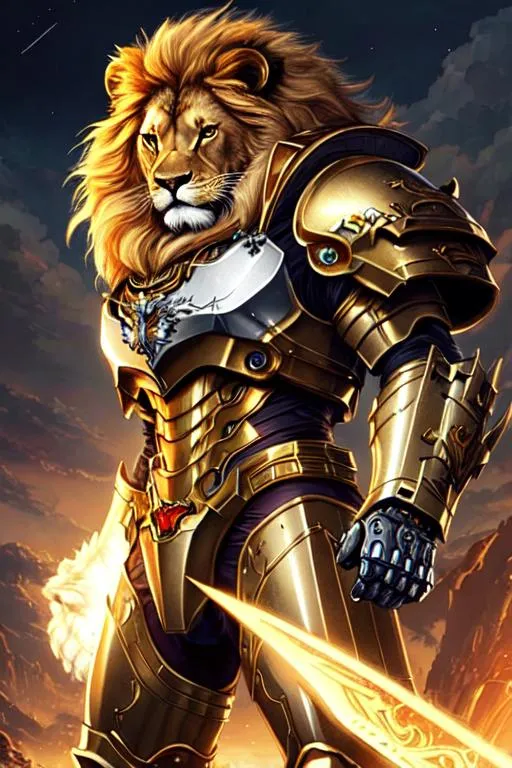 Prompt: Poster art, high-quality high-detail highly-detailed breathtaking hero ((by Aleksi Briclot and Stanley Artgerm Lau)) - ((a lion)), male,  detailed lion mech suit, 8k black and gold helmet, battle damaged,  highly detailed lion helmet, add some silver, glowing chest emblem ,carbon fibre helmet, lion mech armor, lion head, detailed fur, detailed carbon fibre mech suit, full body, black futuristic mech armor, wearing mech armour suit, 8k,  full form, detailed forest wilderness setting, full form, epic, 8k HD, ice, sharp focus, ultra realistic clarity. Hyper realistic, Detailed face, portrait, realistic, close to perfection, more black in the armour, full body, high quality cell shaded illustration, ((full body)), dynamic pose, perfect anatomy, centered, freedom, soul, Black short hair, approach to perfection, cell shading, 8k , cinematic dramatic atmosphere, watercolor painting, global illumination, detailed and intricate environment, artstation, concept art, fluid and sharp focus, volumetric lighting, cinematic lighting, 
