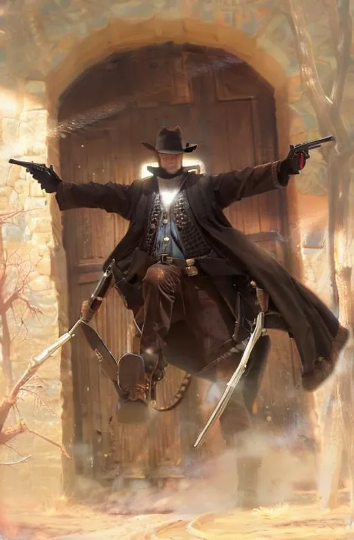 Prompt: Cyber Cowboy with 4 Arms, fiery red Poncho, Dressed in black duster and Stetson Cowboy Hat, with Red eyes, Haunting Presence, Intricately Detailed, Hyperdetailed, Desert Wild West Landscape, Dusty Midnight Lighting, Wild West Feel