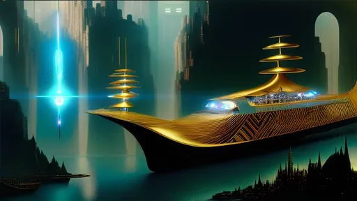 Prompt: the genius gynoid clone-daughter of Maria Futura of Fritz Lang's Metropolis sails her Quantum Gondola across the River Styx, into the maw of the Exotically Packaged Shadow. detailed matte painting, deep color, fantastical, intricate detail, splash screen, complementary colors, fantasy concept art, 8k resolution