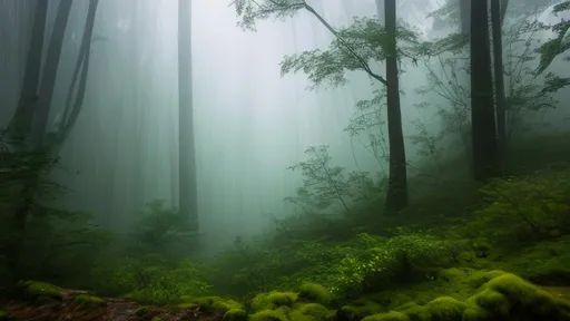 Prompt: A mist thick in the air. Trees seen through the mist seem surreal, a thick forest that almost seems to exist in a dream. muted color. soft but not blurred focus. there are tufts of tall grass. there is water in a small creek and a tiny waterfall. there is scrub bush here and there. This is a wild place.