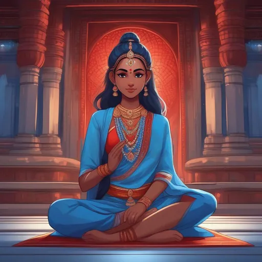 Prompt: A young hindu girl seated in lotus position. Inside a Shiva temple. Blue skin and (((red Hairs))). cute. Rpg art. 2d art. 2d. Well draw face. Detailed. 