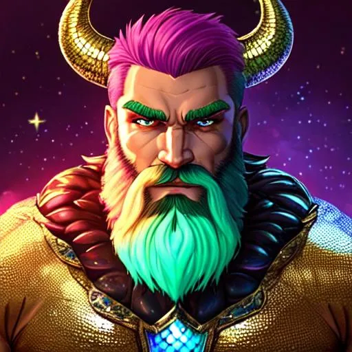 Prompt: hyper-muscular super handsome,  golden-vermilion skinned alien male adult gods, scaly reptilian skin, iridescent colored scales, magenta hair and bright green sparkly beards, realistic, accurate fine facial features, dynamic, defined, confirmed, conformed, fabulous, gorgeous, cropped beard, bald head, black horns on head