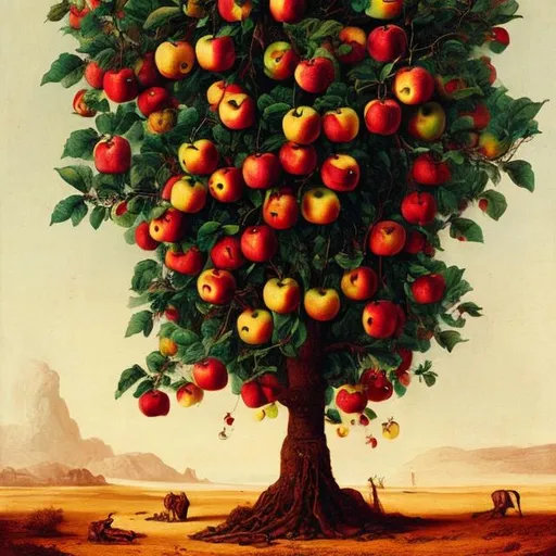 Prompt: "planet earth as  an apple (fruit) hanging of a tree"