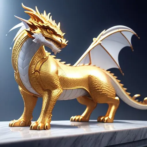 Prompt: White marble dragon with golden marking and canine like features, 8k, high quality, trending art, sharp focus, studio photo, intricate details, highly detailed, vintage, octane render, ray traced lighting and reflections