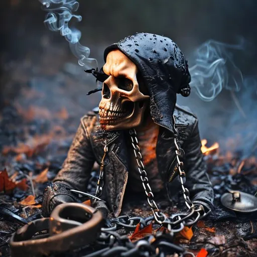 Prompt: Smoking skull with hat and steel chains, leather jacket, bike fire lots of burnt leaves