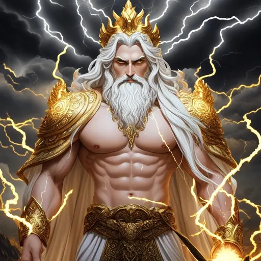 Prompt: dark fantasy art of Zeus, wearing intricate white and gold toga, extremely detailed almond shaped eyes, tan skin, white hair, a thunderstorm in background, dark clouds with lightning, zeus holding a large crackling lightning bolt in right hand, dark fantasy style, powerful, godly, intricate details, proportional body and face, natural disaster, dynamic shadows, dynamic lighting, volumetric god rays, epic scene, octane render, HDR, vivid colors, dark gloomy tones. Dark souls fan art, landscape view, epic