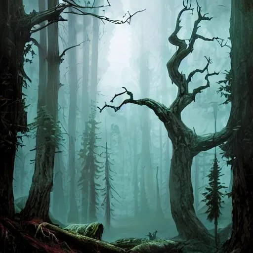 Prompt: dark spooky forest, fantasty, no humans, dark, wilderness dramatic lighting, asssassins creed valhalla, artstation, cinematic, establishing shot, extremely high detail, photo realistic, cinematic lighting, post processed, concept art, artstation, matte painting, style by eddie mendoza, raphael lacoste, alex ross