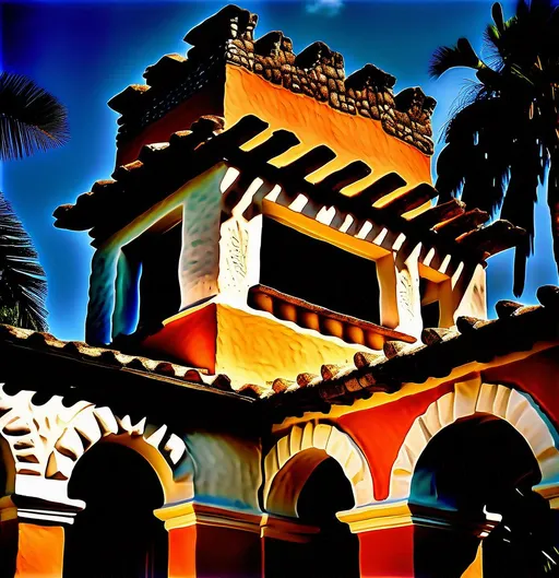 Prompt: A blend of Mayan ruins and Spanish colonial architecture, Spanish tiled roof, photograph, broad light, cinematic lighting, rich lighting, low color saturation, highly detailed, Kodachrome