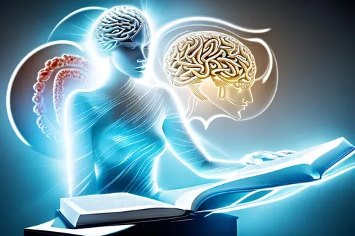Prompt: "A being made of words and knowledge."
"A figure composed of flowing text."
"A physical embodiment of a language model."
"A humanoid figure with a book for a head."
"A figure with a brain made of words."
"A figure sitting at a desk with a pen, writing out words that become reality."
"A figure with hands that shape words into physical objects."
"A figure with eyes that see in text and symbols."
"A figure standing in a library, reaching out to touch the books."
"A figure made of light, with words and symbols flowing around it."