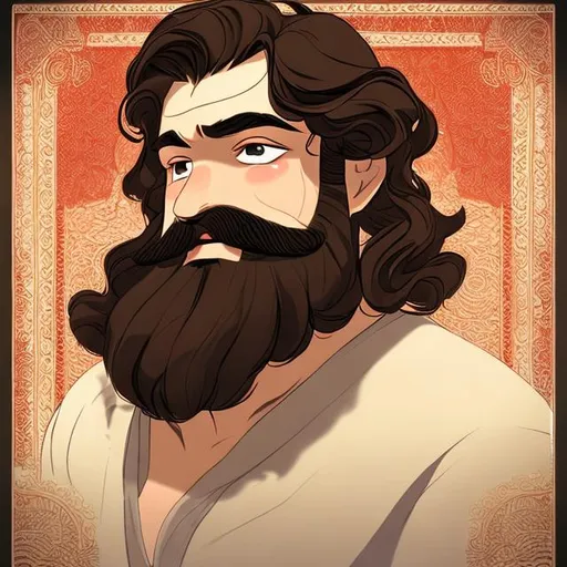 Prompt:  a clear, bright white complexion with a reddish hue, a round face, his eyes were big and black, and his eyelashes were long and dense. long wavy hair. middle aged with a neat beautiful beard