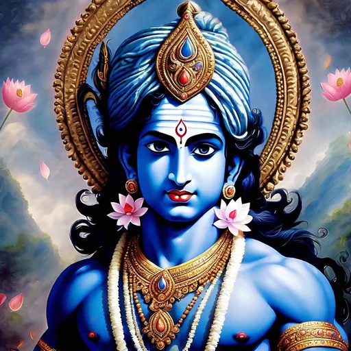 Prompt: Lord Shree Krishna , blue skin, deep eyes, lotus petal like eyes, masculine physique, God.