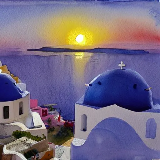 Prompt: Sunny Santorini  muted watercolour