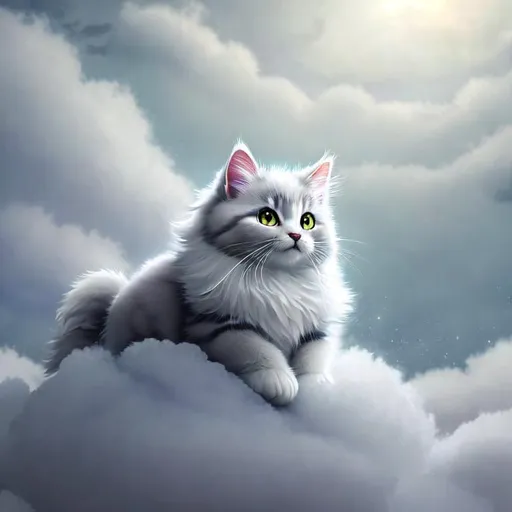 Prompt: Cute, very, very, light gray, fluffy, fantasy light kitten, with cloudy, white eyes, very, light, light, gray fur, and possessing the element of air and making circles of clouds and air move around in the air in a magical way, in a space background. Perfect features, extremely detailed, realistic. Krenz Cushart + loish +gaston bussiere +craig mullins, j. c. leyendecker +Artgerm.