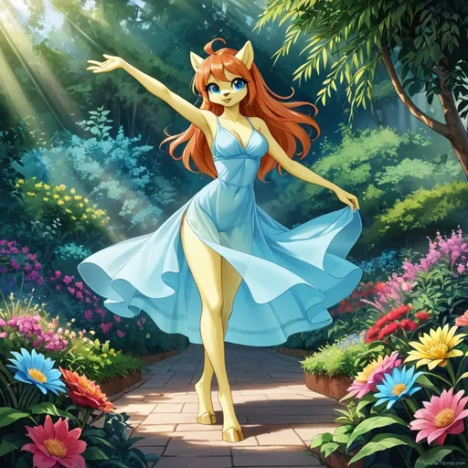 Prompt: ultra-detailed pony girl furry, (slim, cute, athletic), dancing in her garden,  wearing a translucent sun dress.  

soft sunlight creating delicate shadows, lush greenery and colorful flowers surrounding her, a whimsical and enchanting ambiance, capturing motion and vitality, magical feel of a sunny day, serene atmosphere.