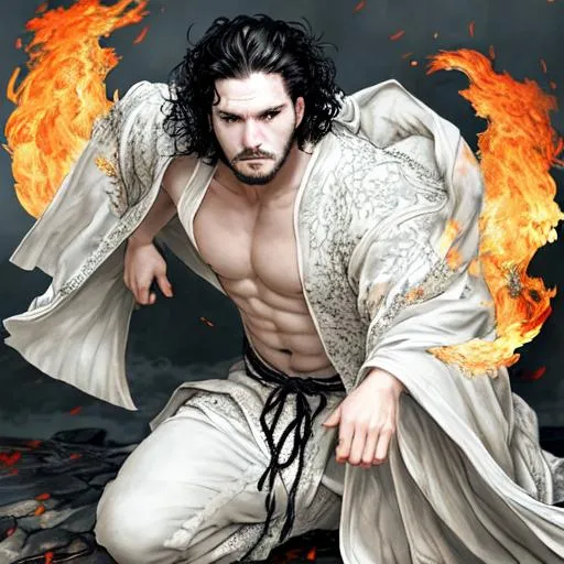 Prompt: kit harrington as jon snow {male character}, wearing a white kimono and fighting, cinematic, flowing dark hair + movement, wolf, sparks, fire, luis royo