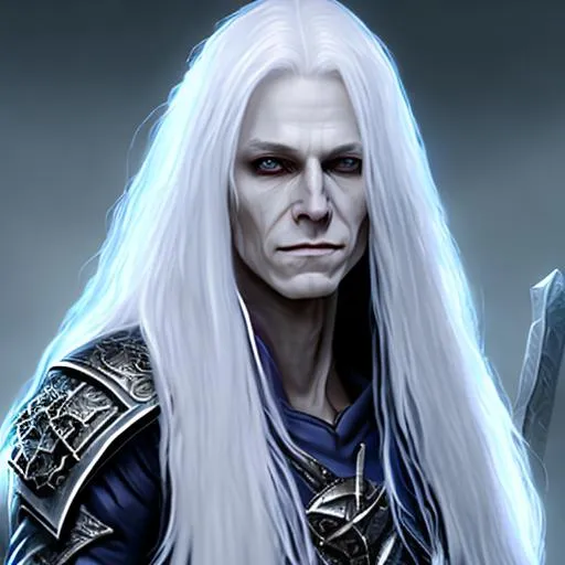Prompt: 38 years old male, wizard, necromancer,  Dark eyes, pale white long hair, grey clothes, shaved face, Height View,  d&d, rpg,photo realistic, high detailed, deep colour,  art station