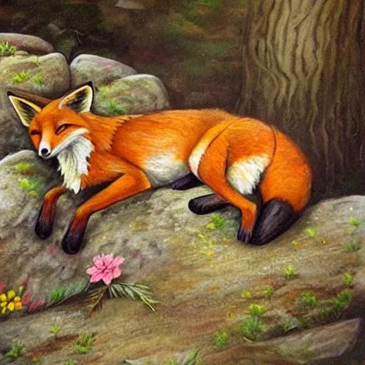 Prompt: beautiful painting of a fox sleeping on a rock in the woods with flowers at the base of the rock