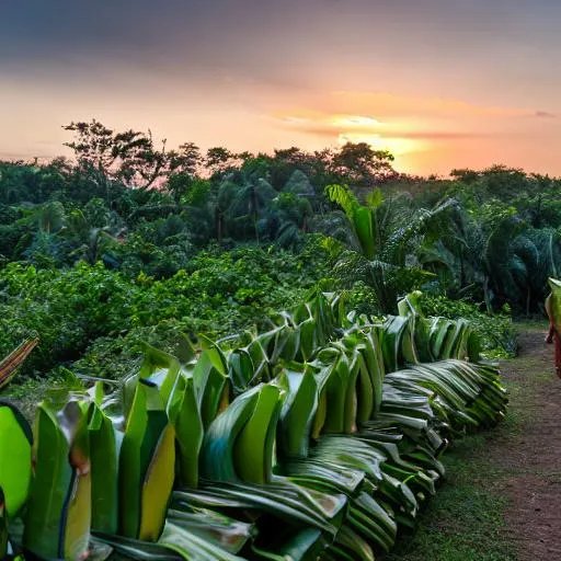 Prompt: Indian village sunrise  banana plantain tree cucumber sugarcane new year 