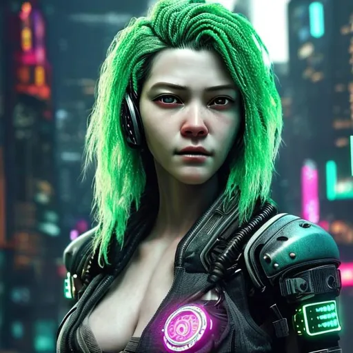 Prompt: hyper realistic extremely detailed cyberpunk woman.
She has green hair, headphones and a ninja mask

