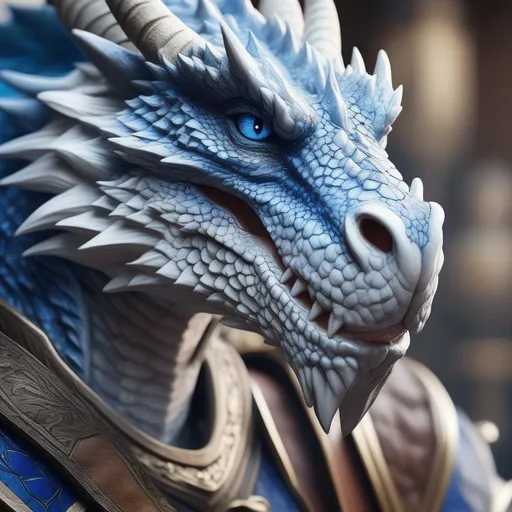 Prompt: A beautiful white and blue Dragonborn, scar on the right eye, with a sword, perfect composition, hyperrealistic, super detailed, 8k, high quality, trending art, trending on artstation, sharp focus, studio photo, intricate details, highly detailed, by Greg Rutkowski, illustration, watercolor