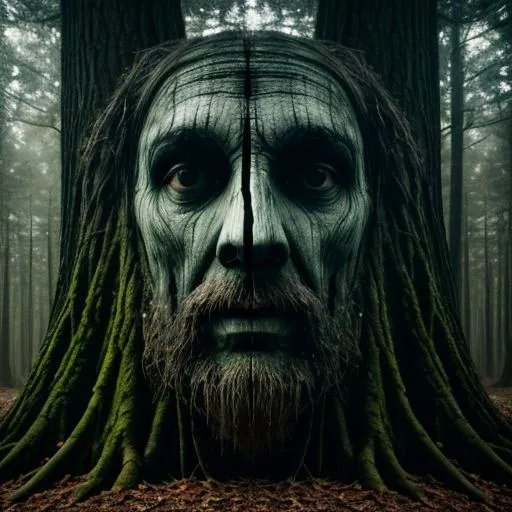 Prompt: Creepy forest  optical illusion making trees looking like face
