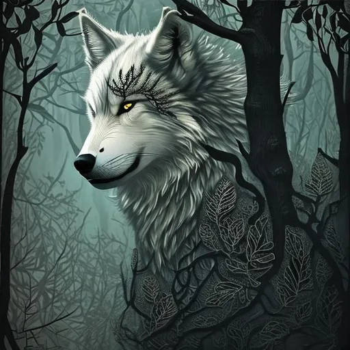 Prompt: a forest wolf, black lace leaves, on white background, surreal, detailed, Christian Schloe