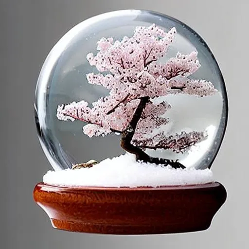Prompt: cherry blossoms bonsai tree inside a glass snow globe sitting on a shelf